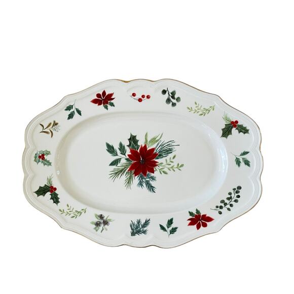 Grace Teaware Poinsettia & Holly Porcelain Oval Serving Tray Christmas New - Picture 1 of 14